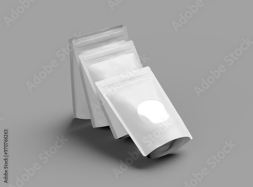 Render of a sealed stand-up pouch with a transparent window on a light background