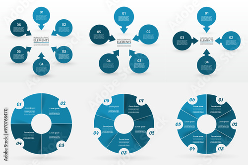 Set of circle infographic elements with 4, 5 and 6 options, parts or steps.