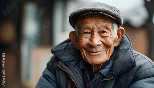 Warmly confident elderly man with a gentle smile and relaxed demeanor, showcasing wisdom and contentment in a stylish jacket