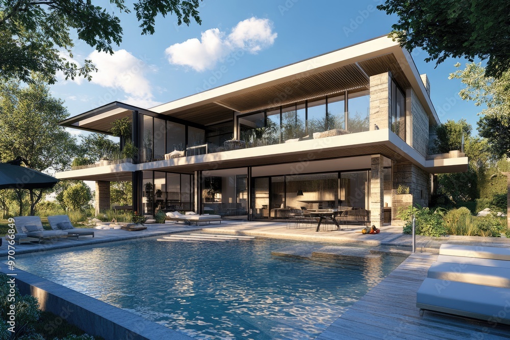 Fototapeta premium Modern villa with open plan living private bedroom wing and pool.