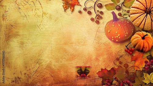 A warm and inviting Thanksgiving card background. The background might feature a cornucopia filled with an abundance of fruits and vegetables photo