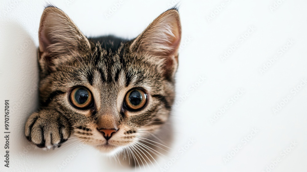 A young cat curiously peeking out from behind the white background A young cat curiously peeking out from behind the white background
