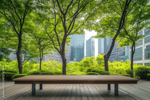 Summer view of wood bench and table near Seoul Arts Center. photo