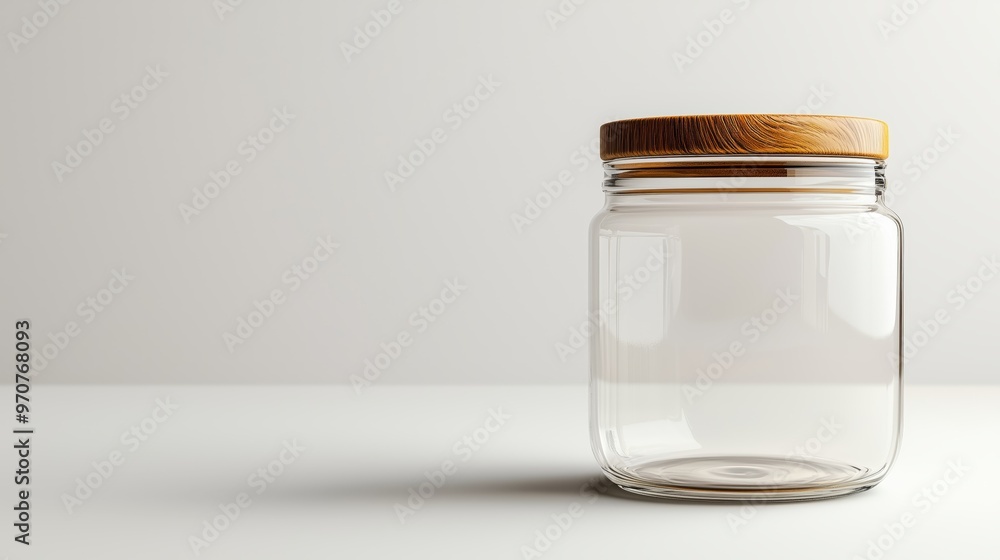 A clear glass jar with a wooden lid placed on a white surface, showcasing a simple and clean minimalist design. A clear glass jar with a wooden lid placed on a white surface, showcasing a simple and clean minimalist design.
