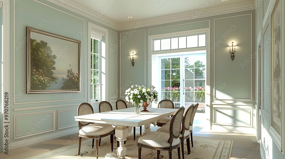 Classic dining room with elegant chair rail molding and soft pastel walls Classic dining room with elegant chair rail molding and soft pastel walls