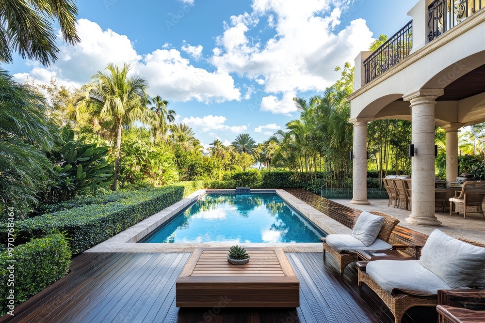 Fototapeta premium Beautiful Miami Beach Patio with Pool and Lounge Chairs