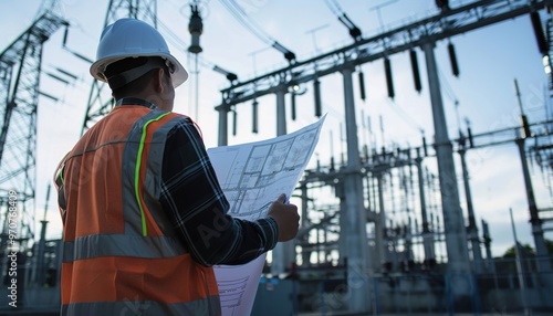 Electrical engineer holding blueprints at power plant
