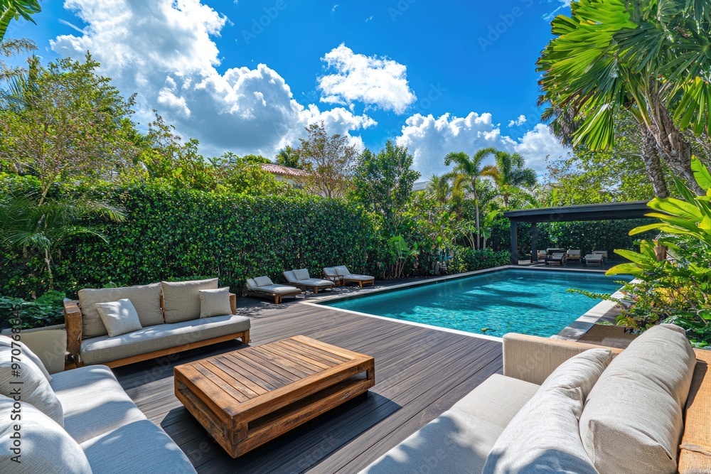 Obraz premium Beautiful Miami Beach Patio with Pool and Lounge Chairs