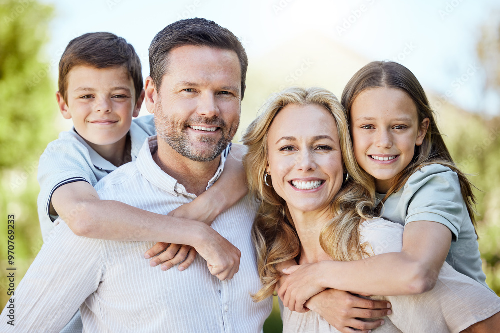 Piggyback, happy and portrait of family in nature for bonding, travel and adventure on vacation. Outdoor, smile and children with parents in park on holiday, getaway or weekend trip in Australia. Piggyback, happy and portrait of family in nature for bonding, travel and adventure on vacation. Outdoor, smile and children with parents in park on holiday, getaway or weekend trip in Australia.