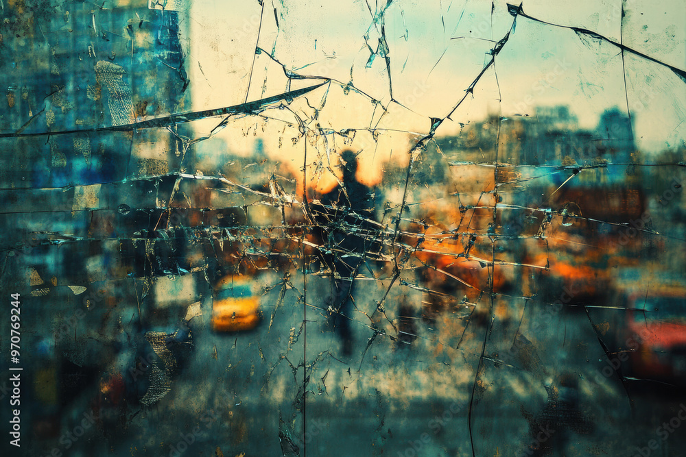 An image of a shattered glass window with a blurry cityscape in the background. The cracks in the glass create a fragmented view of the street and buildings beyond. An image of a shattered glass window with a blurry cityscape in the background. The cracks in the glass create a fragmented view of the street and buildings beyond.