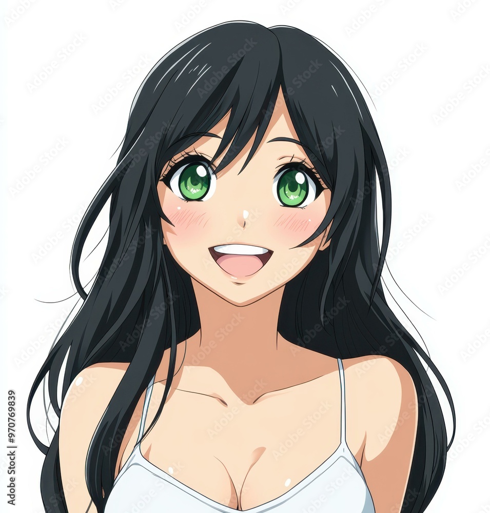 A cute anime girl with grey skin, long black hair, and green eyes, smiling joyfully against a white backdrop. A cute anime girl with grey skin, long black hair, and green eyes, smiling joyfully against a white backdrop.