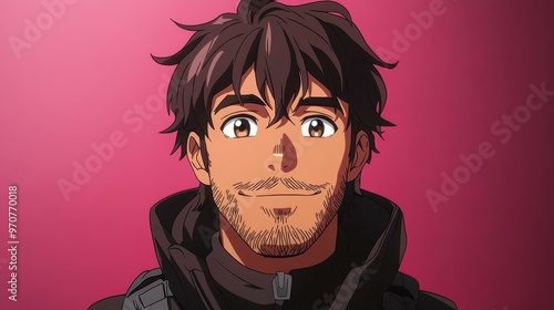 Animestyle portrait of a yearold programmer with dark brown hair and greying goatee. Slightly portly build.