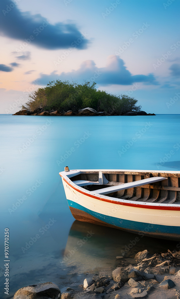 Naklejka premium Scenic Beach with Wooden Rowboat and Calm Blue Waters Facing a Small Island at Sunset