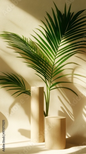 Green palm leaves casting shadows on a