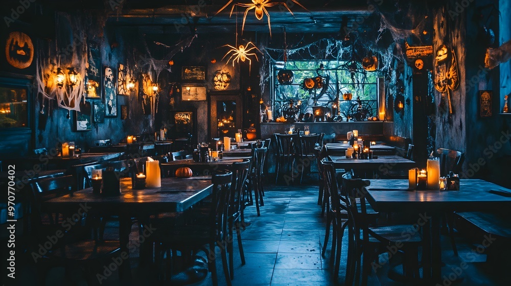 Fototapeta premium Spooky and Cozy Halloween-Themed Restaurant Interior with Pumpkins,Candles,and Antique Decor. Festive autumn with gothic,eerie,and rustic elements creating a mysterious and haunted atmosphere.