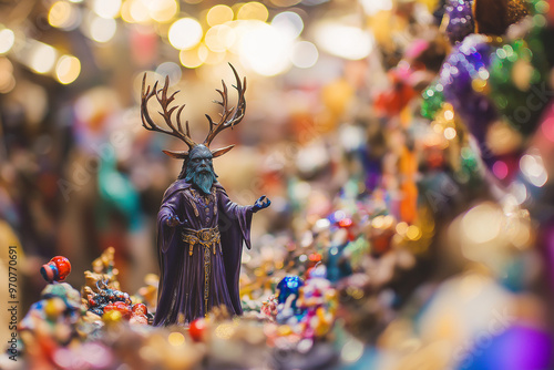 A small figure of an evil wizard with antlers made from dark wood, standing in the middle of a Christmas toy store filled with colorful toys and decorations