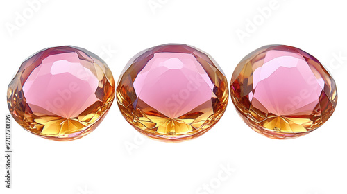 Three Faceted Pink and Orange Gemstones Isolated on Transparent Background