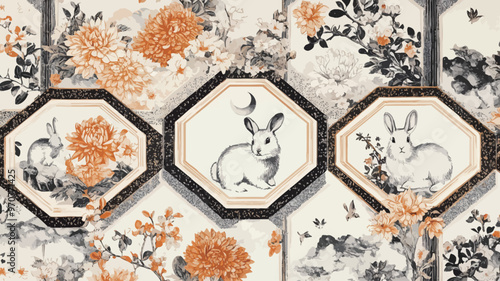 A rabbit and a flower. Rabbits are depicted in different hexagons and squares, and they sit or stand naturally. Surrounded by flowers, such as chrysanthemums and peonies, as well as some branches and 