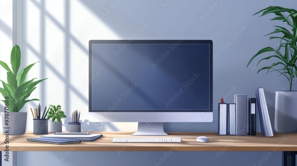Cozy Green Office Concept Showcasing Minimalist Style: A work Desk with computer, Documents, green plants and Well-Lit Interior. graphic Resources, Illustration, Cozy Green Office Concept Showcasing Minimalist Style: A work Desk with computer, Documents, green plants and Well-Lit Interior. graphic Resources, Illustration,