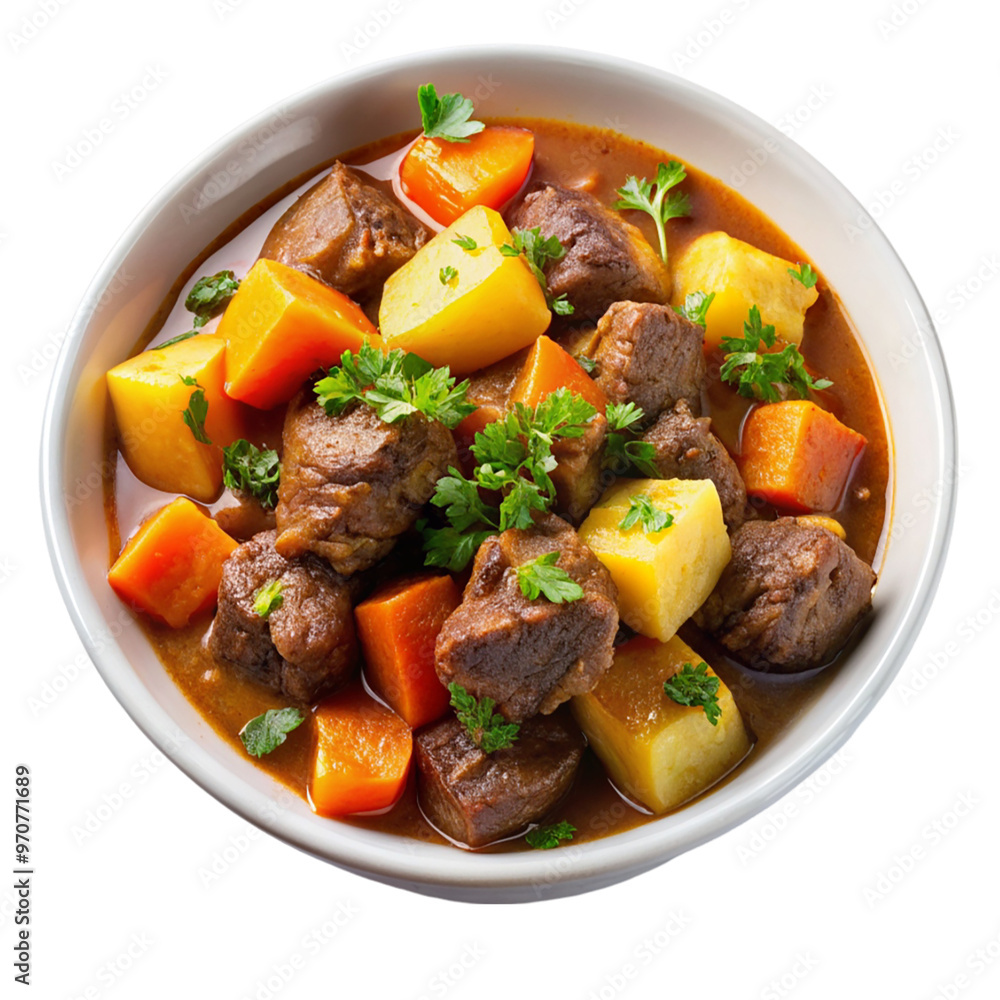 A dish of moose stew with root vegetables isolated on transparent background. A dish of moose stew with root vegetables isolated on transparent background.