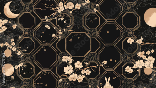 A geometric and floral pattern of gold on a black background. The main elements include the hexagonal honeycomb structure, cherry branches, the moon and crescent, and the rabbit

