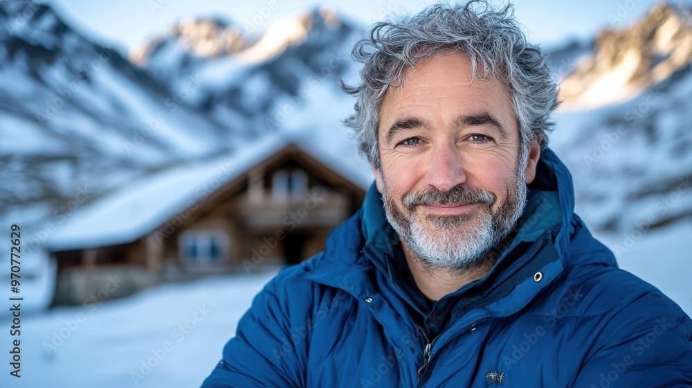 Mature man with gray hair and a beard smiling warmly while standing in front of a cozy cabin in a snowy mountain setting. Mature man with gray hair and a beard smiling warmly while standing in front of a cozy cabin in a snowy mountain setting.