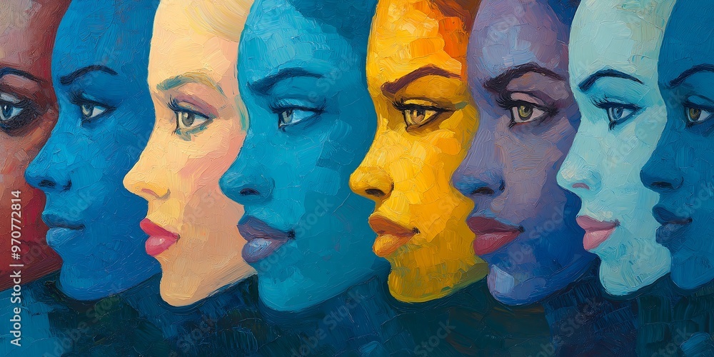 Obraz premium Peoples faces from all over the world painted in an impressionistic style. teal and blue and peach and yellow