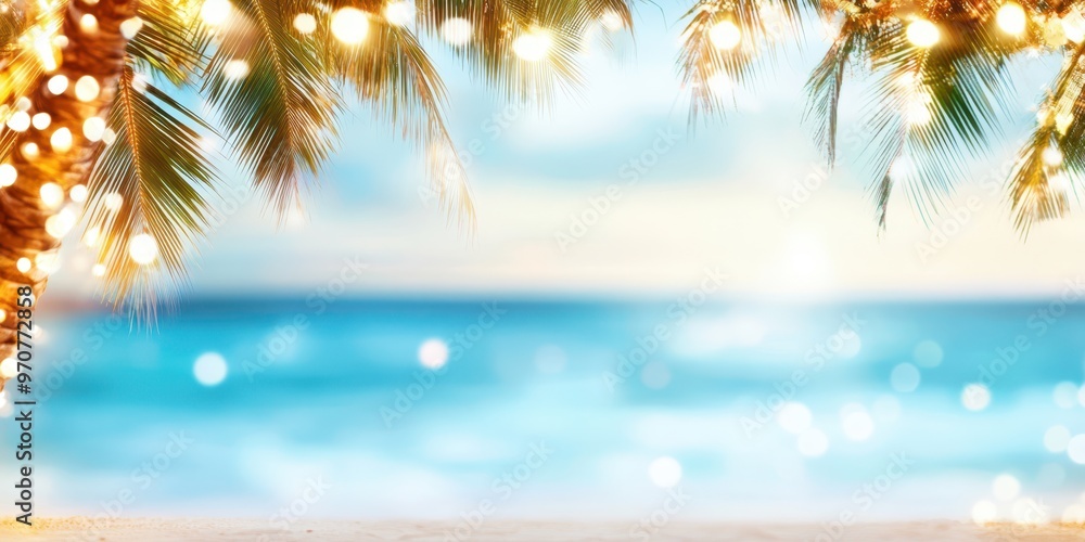 Palm trees decorated with Christmas lights against a tropical beach sunset. Concept of holiday celebrations in warm, tropical climates. Palm trees decorated with Christmas lights against a tropical beach sunset. Concept of holiday celebrations in warm, tropical climates.