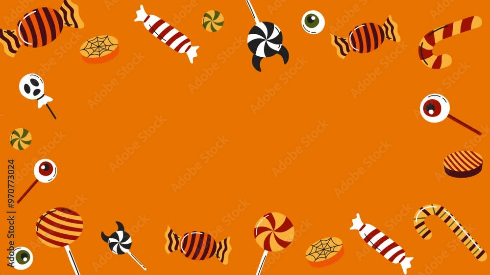 Halloween animated candy frame landscape on orange background. The blank space in the center of the frame Halloween animated candy frame landscape on orange background. The blank space in the center of the frame