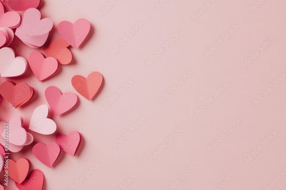 Paper cutout hearts in shades of pink and red on a soft pink background. Concept of love, romance, and Valentine's Day celebration. Paper cutout hearts in shades of pink and red on a soft pink background. Concept of love, romance, and Valentine's Day celebration.