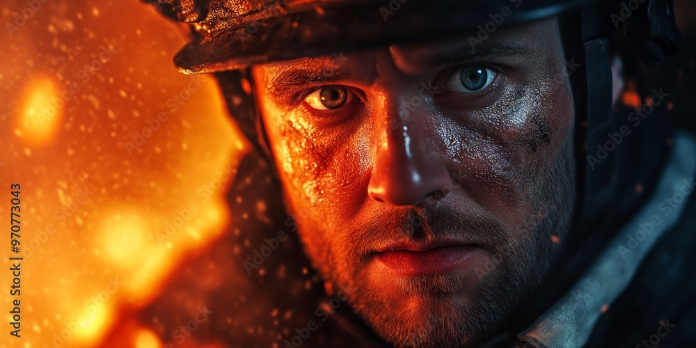 A close-up portrait of a soldier in a dramatic setting. The fierce look in his eyes conveys determination and courage. The background is ablaze, enhancing the intense mood. AI A close-up portrait of a soldier in a dramatic setting. The fierce look in his eyes conveys determination and courage. The background is ablaze, enhancing the intense mood. AI