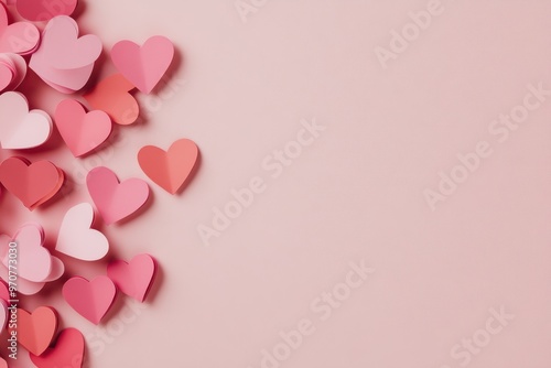 Paper cutout hearts in shades of pink and red on a soft pink background. Concept of love, romance, and Valentine's Day celebration.