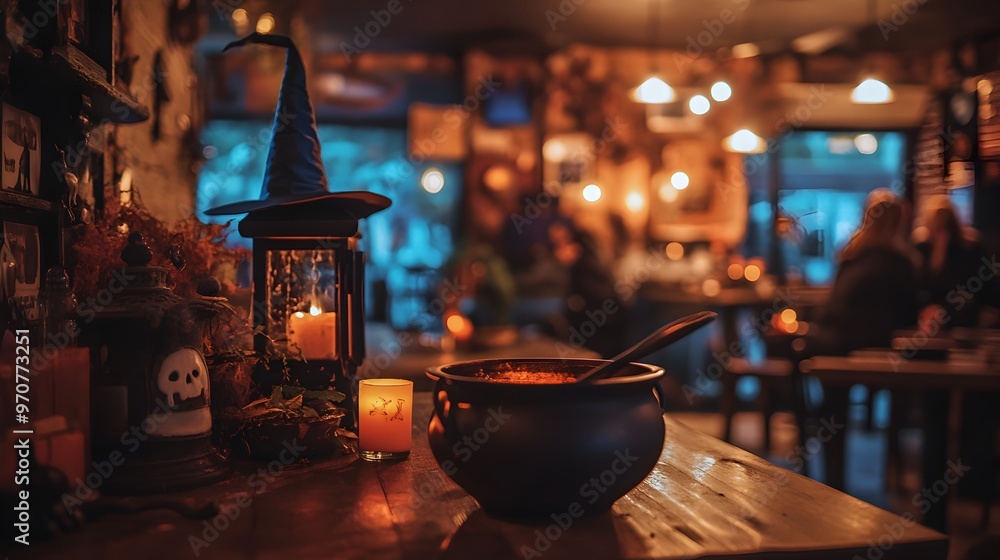 Cozy and atmospheric Halloween decor and lighting in a vintage-style coffee shop or bar. Warm glow of lanterns and candles on a wooden table,creating a spooky yet inviting ambiance. Cozy and atmospheric Halloween decor and lighting in a vintage-style coffee shop or bar. Warm glow of lanterns and candles on a wooden table,creating a spooky yet inviting ambiance.