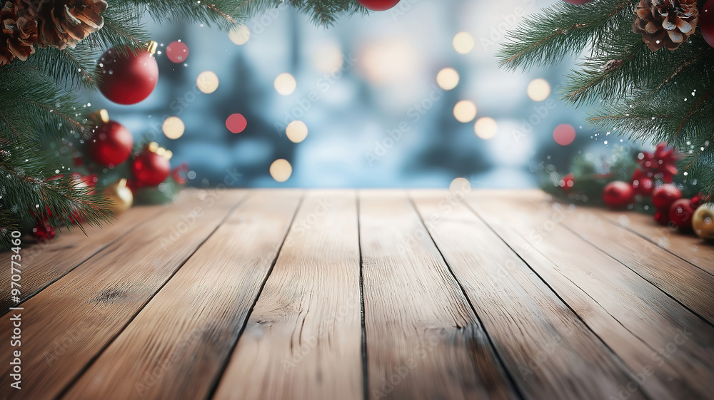 Wooden Table Ready for Display with Festive Christmas Theme in the Background Wooden Table Ready for Display with Festive Christmas Theme in the Background