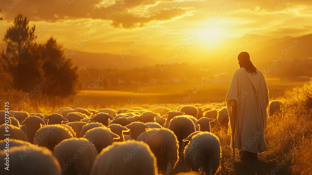 Fototapeta premium Jesus in the midst of a flock of sheep