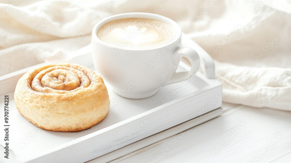 Cinnamon rolls and coffee latte on a white plate isolated on white background. Perfect for breakfast or cozy coffee shop vibes. Cinnamon rolls and coffee latte on a white plate isolated on white background. Perfect for breakfast or cozy coffee shop vibes.