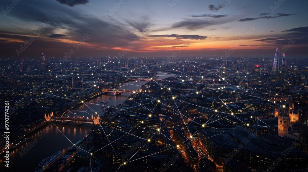 Obraz premium London Skyline at Dusk with Network Connections