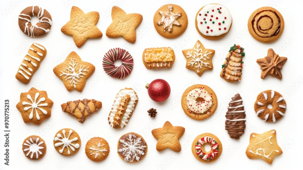Pattern of various Christmas cookies flat laid against white background Pattern of various Christmas cookies flat laid against white background