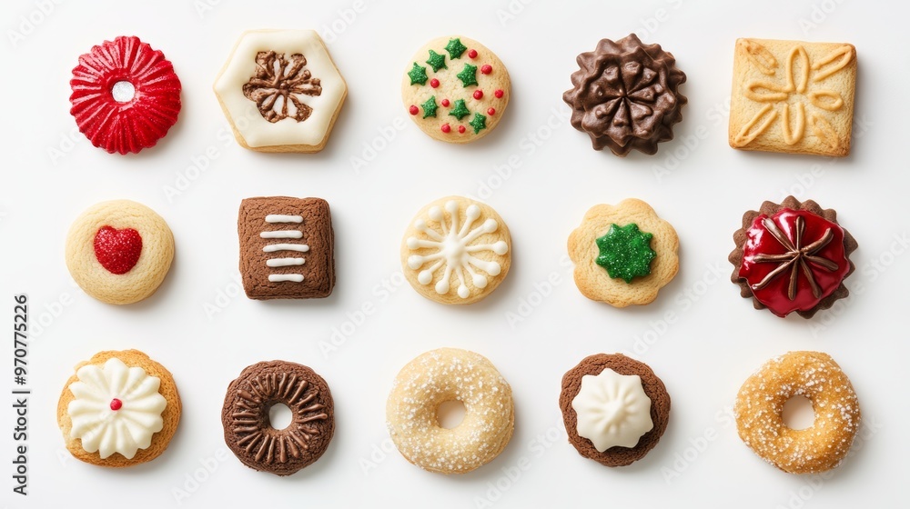 Pattern of various Christmas cookies flat laid against white background Pattern of various Christmas cookies flat laid against white background