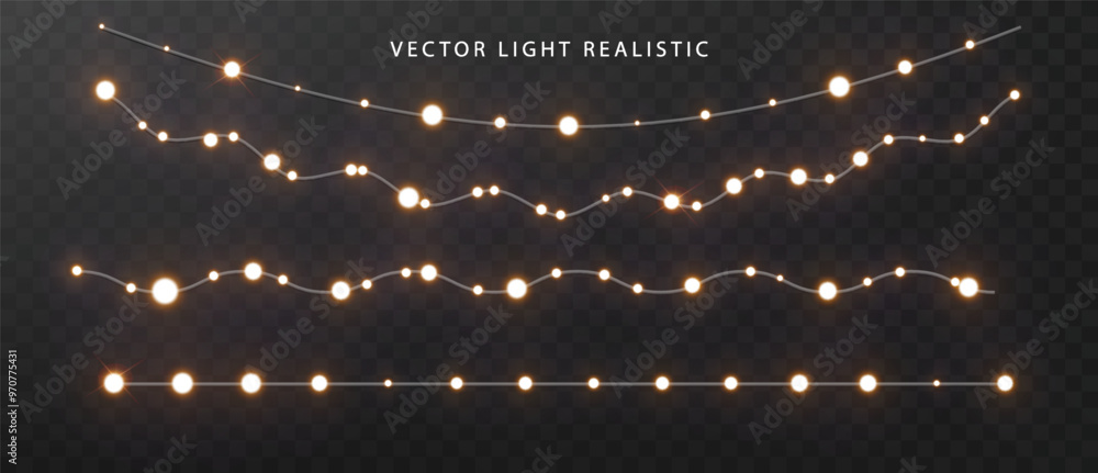 String lights garlands on dark background. Template for party, carnival, Christmas, birthday or presentation. Vector holiday decorations