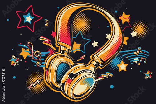 Music design - colorful funky musical headphones and notes
