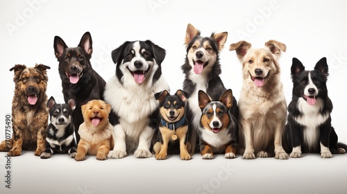 Ten happy dogs in a row posing cheerfully against a white background indoors