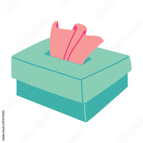 box of paper napkins for colds and flu is flat. Pink napkins on white stretch out of the blue box. The concept of medicine, health care, self-care. Dry to absorb tears, snot, wipe the surface. Vector