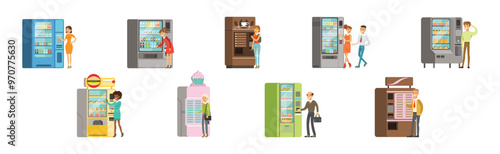 People Character at Vending Machine Buying Snacks Vector Set
