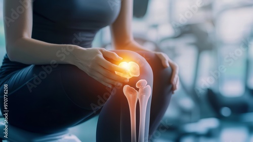 Woman in sportswear is holding painful knee joint (x-ray bone)