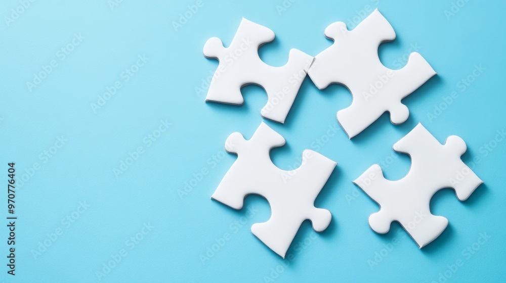 Three empty white matching puzzle pieces on blue background Three empty white matching puzzle pieces on blue background