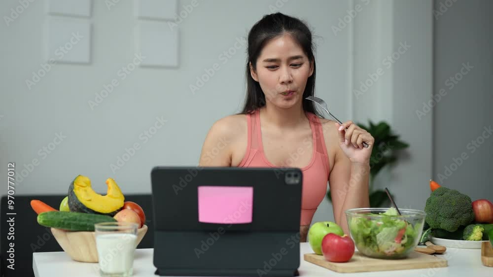 Asian influencer woman making vegetable salad at home Look at social media posts online showing tomatoes, pumpkins, apples, healthy fruits for healthy eating. online video blogger weight loss concept. Asian influencer woman making vegetable salad at home Look at social media posts online showing tomatoes, pumpkins, apples, healthy fruits for healthy eating. online video blogger weight loss concept.