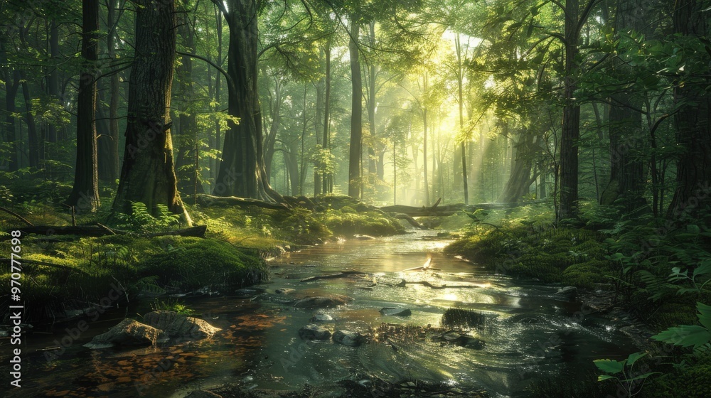 Obraz premium Serene forest with tall, ancient trees, a tranquil stream running through, and dappled sunlight filtering through the canopy