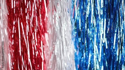 Festive red, white, and blue foil fringe curtain backdrop for celebrations photo