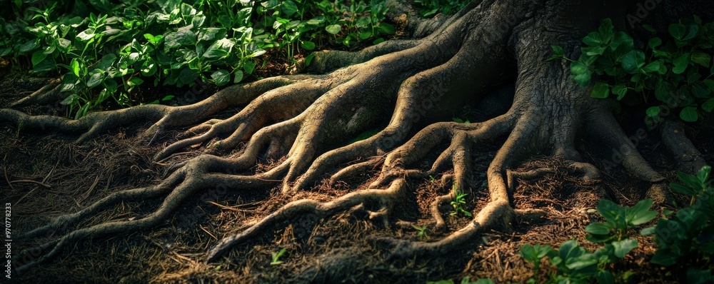 Tree roots and green foliage in forest Tree roots and green foliage in forest